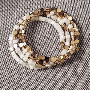 Gold and White Coil Beaded Bracelet — Women’s Stackable Bracelet